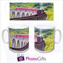 Load image into Gallery viewer, Our cheapest photo mug. THis image shows how your image is wrapped around the mug from handle to handle
