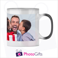 Load image into Gallery viewer, Personalised 10oz black colour change mug showing the fully heated stage with your own choice of image on the mug as produced by Photogifts.co.uk
