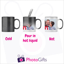 Load image into Gallery viewer, Personalised 10oz Black Colour change mug showing the stages as you add hot liquid. Your own choice of image is printed on the mug as produced by Photogifts.co.uk

