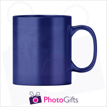 Load image into Gallery viewer, Personalised 10oz blue colour change mug showing the cold stage with your own choice of image printed on the mug as produced by Photogifts.co.uk