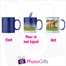 Load image into Gallery viewer, Personalised 10oz blue colour change mug showing the stages of image reveal as the mug is filled with hot liquid as produced by Photogifts.co.uk
