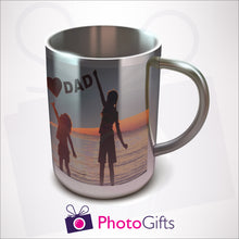 Load image into Gallery viewer, 10oz Personalised insulated thermal stainless steel mug with your own choice of image as produced by photogifts.co.uk
