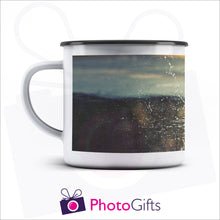 Load image into Gallery viewer, 10oz personalised white enamel camping mug with your own choice of image as produced by Photogifts.co.uk