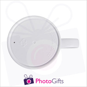 Bottom of a plastic mug that has been personalised by Photogifts.co.uk. 