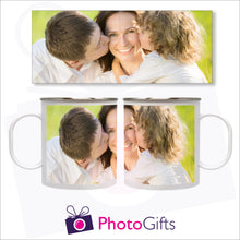Load image into Gallery viewer, white plastic mug shown from the right and the left with the picture of a mum being kissed on either side of her face by two children. Above the mug is a full depiction of the picture shown on the mug. Mug as supplied by Photogifts.co.uk
