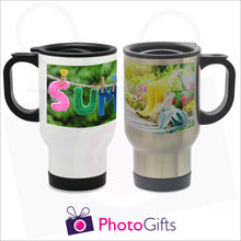 Load image into Gallery viewer, 14oz personalised travel mug in silver or white gloss with your own choice of image on the mug as produced by Photogifts.co.uk