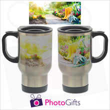 Load image into Gallery viewer, 14oz silver gloss personalised travel mug with your own choice of image. The picture above is the full image and shows on the mug how it is wrapped around the mug as produced by Photogifts.co.uk