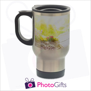 14oz personalised travel mug in silver gloss with your own choice of image on the mug as produced by Photogifts.co.uk