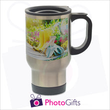 Load image into Gallery viewer, 14oz personalised silver gloss travel mug with your own choice of image on the mug as produced by Photogifts.co.uk