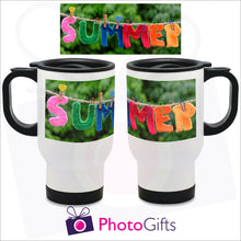 Load image into Gallery viewer, 14oz white gloss personalised travel mug with your own choice of image. The picture above is the full image and shows on the mug how it is wrapped around the mug as produced by Photogifts.co.uk
