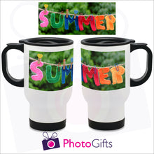 Load image into Gallery viewer, 14oz white gloss personalised travel mug with your own choice of image. The picture above is the full image and shows on the mug how it is wrapped around the mug as produced by Photogifts.co.uk