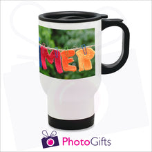 Load image into Gallery viewer, 14oz personalised white gloss travel mug with your own choice of image on the mug as produced by Photogifts.co.uk
