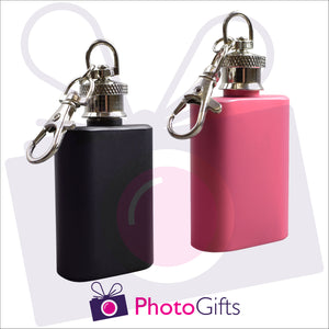 Two mini hip flasks, one pink one black, on keyrings as produced by Photogifts.co.uk