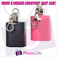 Load image into Gallery viewer, Front view of two mini hip flasks, one pink one black, on keyrings as produced by Photogifts.co.uk
