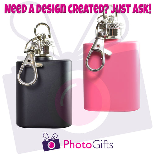 Front view of two mini hip flasks, one pink one black, on keyrings as produced by Photogifts.co.uk