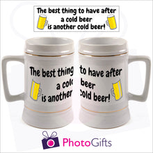 Load image into Gallery viewer, Personalised white 22oz stein with your own image printed. Image above the mugs shows the full design and the mugs shows how it wraps around the mug. As produced by Photogifts.co.uk