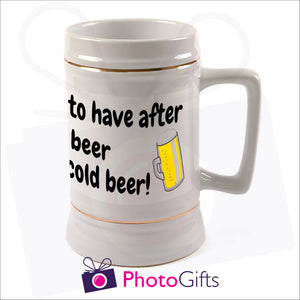 Personalised large 22oz white stein with your own choice of image printed as produced by Photogifts.co.uk