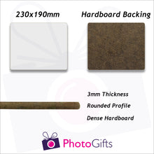 Load image into Gallery viewer, Details of size and material for the hard board backed 23x19cm personalised placemat as produced by Photogifts.co.uk
