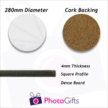 Load image into Gallery viewer, Information on size and material for 28cm round cork backed placemat as produced by Photogifts.co.uk