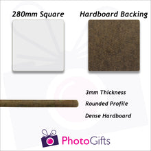 Load image into Gallery viewer, Information on 28cm square hard board backed personalised placemat as produced by Photogifts.co.uk