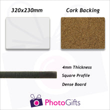 Load image into Gallery viewer, Information on size and material of individually personalised 32x23 cork backed placemat as produced by Photogifts.co.uk
