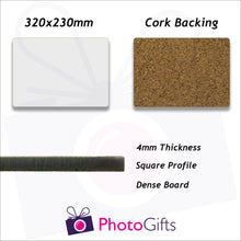 Load image into Gallery viewer, Information on size and material for individually personalised cork backed 32x23cm placemat as produced by Photogifts.co.uk