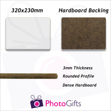 Load image into Gallery viewer, Information and sizing for hard board backed 32x23cm personalised placemat as produced by Photogifts.co.uk