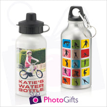 Load image into Gallery viewer, Personalised 400ml sports water bottles in either white or silver finish. Both can be personalised with your own choice of image as produced by Photogifts.co.uk