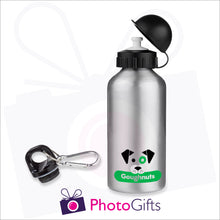 Load image into Gallery viewer, 400ml silver personalised sports water bottle supplied with two caps as produced by Photogifts.co.uk