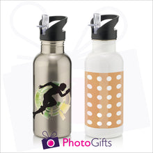 Load image into Gallery viewer, Personalised 600ml water bottles in silver and white as produced by Photogifts.co.uk