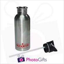 Load image into Gallery viewer, Silver personalised 600ml water bottle which is supplied with integral straw as produced by Photogifts.co.uk
