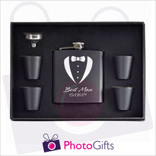 Load image into Gallery viewer, Open boxed gift set of a black hip flask with silver funnel and four matching shot glasses. Hip flask has picture of bowtie and dress shirt along with the words Best Man and a date personalised on the flask. Flask set as produced by Photogifts.co.uk
