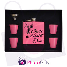 Load image into Gallery viewer, Open boxed gift set of a pink hip flask with silver funnel and four matching shot glasses. Hip flask has the words Girls Night Out personalised on the flask. Flask set as produced by Photogifts.co.uk
