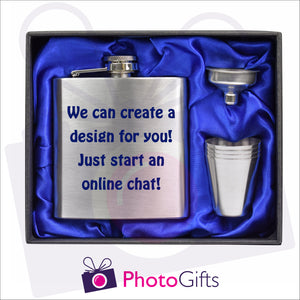 Open boxed gift set of a silver hip flask with silver funnel and four matching shot glasses. Hip flask  with the words we can create a design for you just start an online chat  personalised on the flask. Flask set as produced by Photogifts.co.uk