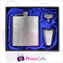 Load image into Gallery viewer, Open boxed gift set of a blank silver hip flask with silver funnel and four matching shot glasses. Flask set as produced by Photogifts.co.uk