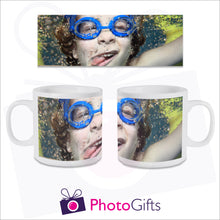 Load image into Gallery viewer, Personalised 6oz smug mug with your own choice of image on the mug. The image is wrapped around the mug and can be see in full above the mugs. As produced by Photogifts.co.uk