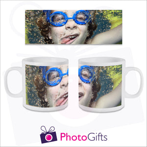 Personalised 6oz smug mug with your own choice of image on the mug. The image is wrapped around the mug and can be see in full above the mugs. As produced by Photogifts.co.uk