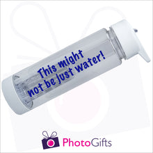 Load image into Gallery viewer, Large fruit infusion water bottle personalised with the slogan &quot;This might not be just water!&quot; written in bold blue text along the side of the water bottle. As produced by Photogifts.co.uk
