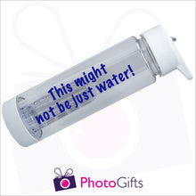 Load image into Gallery viewer, Large fruit infusion water bottle personalised with the slogan "This might not be just water!" written in bold blue text along the side of the water bottle. As produced by Photogifts.co.uk