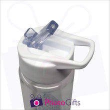 Load image into Gallery viewer, Close up picture of the top of the fruit infusion water bottle showing the integral top of the straw. As produced by Photogifts.co.uk
