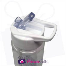 Load image into Gallery viewer, Close up picture of the top of the fruit infusion water bottle showing the integral top of the straw. As produced by Photogifts.co.uk