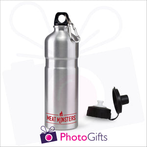 Silver 750ml sports water bottle with two caps and your own choice of image as produced by Photogifts.co.uk
