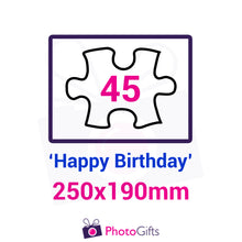 Load image into Gallery viewer, Personalised A4 jigsaw with your own choice of image. Breaks down into 45 pieces with some of the pieces in the shape of "Happy Birthday" . As produced by Photogifts.co.uk