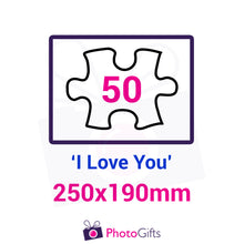 Load image into Gallery viewer, Personalised A4 jigsaw with your own choice of image. Breaks down into 50 pieces with some of the pieces in the shape of "I Love You" . As produced by Photogifts.co.uk
