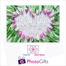 Load image into Gallery viewer, Personalised A4 jigsaw with your own choice of image. Breaks down into 50 pieces with some of the pieces in the shape of "I Love You" . As produced by Photogifts.co.uk