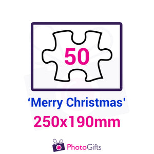 Personalised A4 jigsaw with your own choice of image. Breaks down into 50 pieces with some of the pieces in the shape of "Merry Christmas" . As produced by Photogifts.co.uk