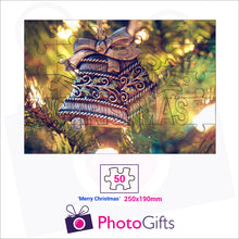 Load image into Gallery viewer, Personalised A4 jigsaw with your own choice of image. Breaks down into 50 pieces with some of the pieces in the shape of "Merry Christmas" . As produced by Photogifts.co.uk