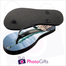 Load image into Gallery viewer, Image showing top and bottom of Large adult sized personalised flip-flops with your own choice of image as produced by Photogifts.co.uk