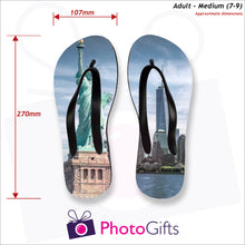 Load image into Gallery viewer, Dimensions of Medium adult sized personalised flip-flops with your own choice of image as produced by Photogifts.co.uk
