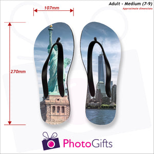 Dimensions of Medium adult sized personalised flip-flops with your own choice of image as produced by Photogifts.co.uk